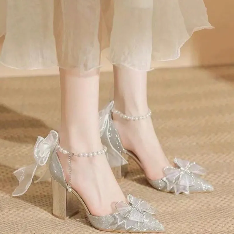 Be Good Wan Star Flying Kei Chunky Heel High Heels 8cm Women's Silver-10