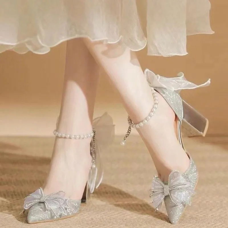 Be Good Wan Star Flying Kei Chunky Heel High Heels 8cm Women's Silver-6