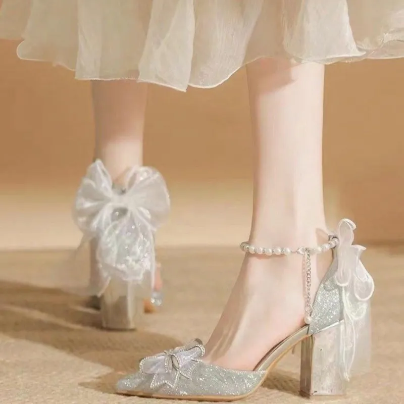Be Good Wan Star Flying Kei Chunky Heel High Heels 8cm Women's Silver-5