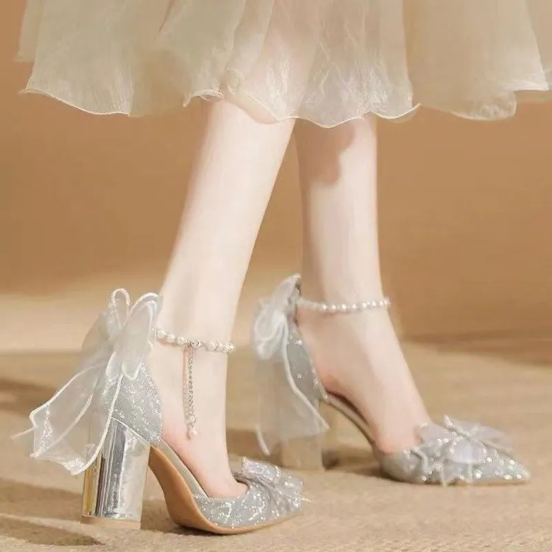 Be Good Wan Star Flying Kei Chunky Heel High Heels 8cm Women's Silver-4