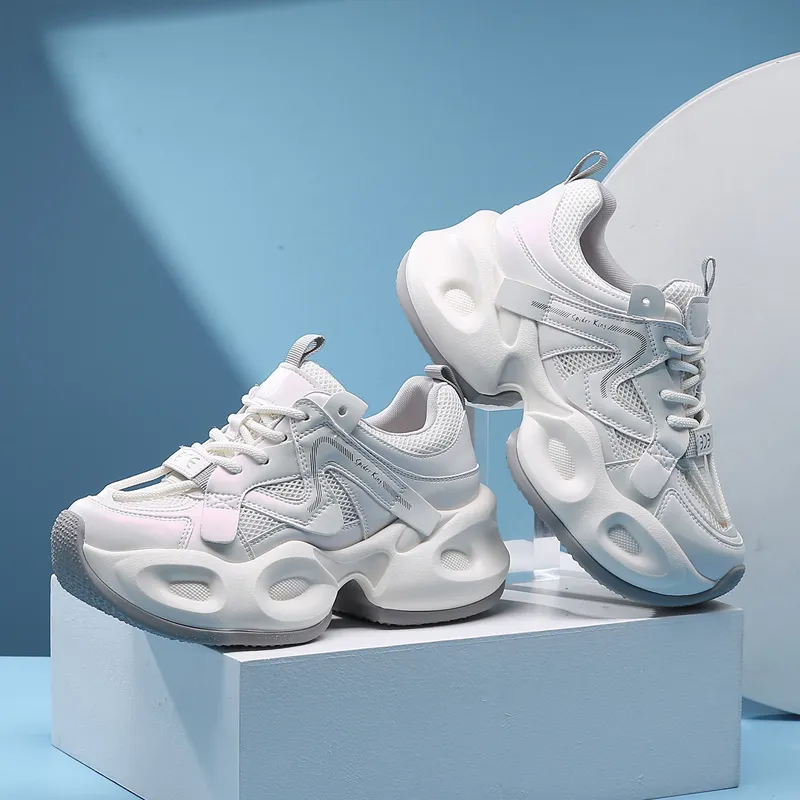 Spider King Low Top Chunky Sneakers Women's White Gray-3