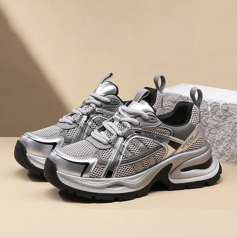 Spider King Breathable Low Top Chunky Sneakers Women's Silver-2