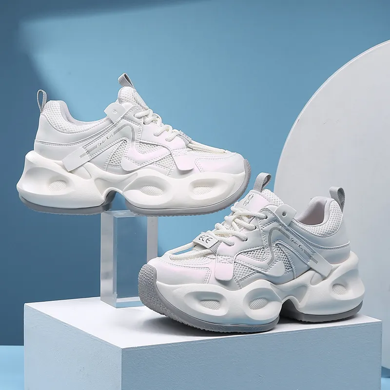 Spider King Low Top Chunky Sneakers Women's White Gray-4