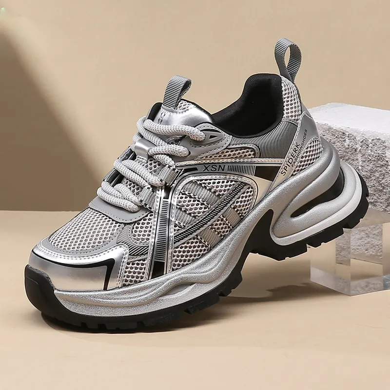 Spider King Breathable Low Top Chunky Sneakers Women's Silver-3