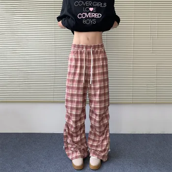 LOOX! Casual Pants Unisex Pink Plaid