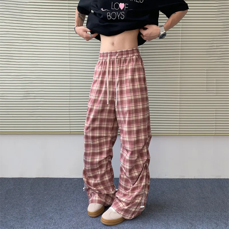 LOOX! Casual Pants Unisex Pink Plaid-3