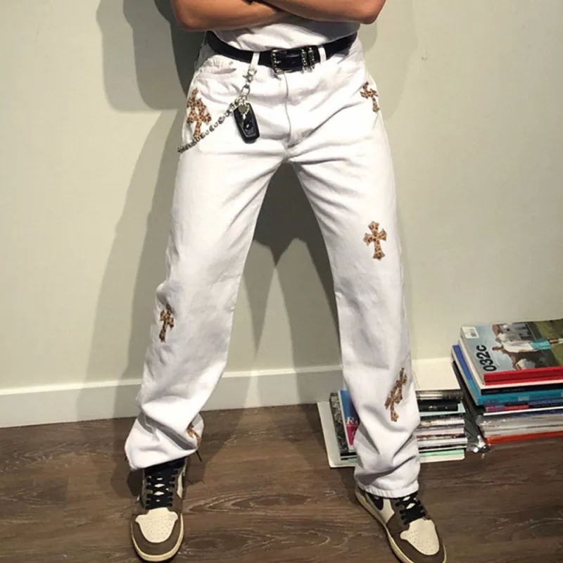 BABUGGE Jeans Unisex White Leopard Print-1