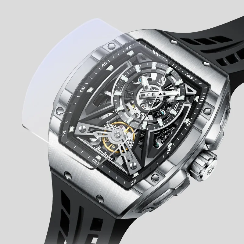 BRUBOSES Automatic Mechanical Movement Silicone Strap Watch Men's Watches Cut-Out Dial BS004-1-3