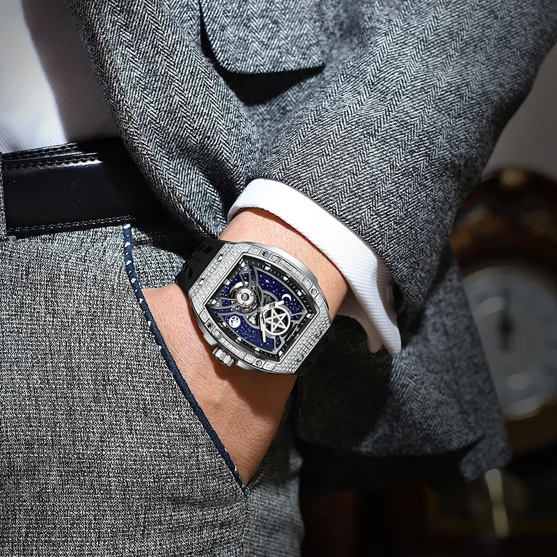 BRUBOSES Automatic Mechanical Movement Silicone Strap Watch Men's Watches Cut Out Dial-1