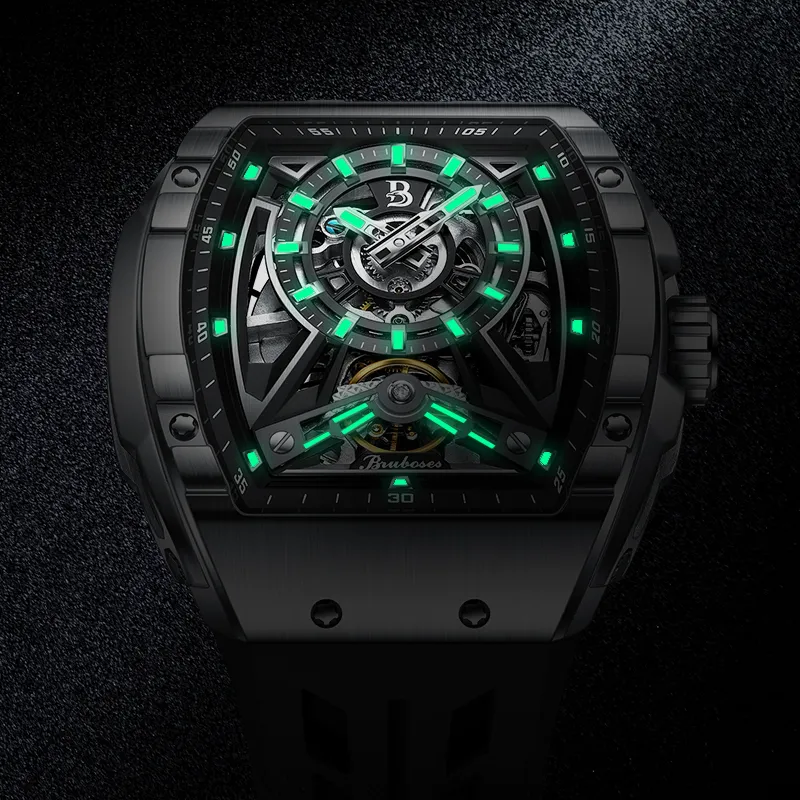 BRUBOSES Automatic Mechanical Movement Silicone Strap Watch Men's Watches Cut-Out Dial BS004-1-4