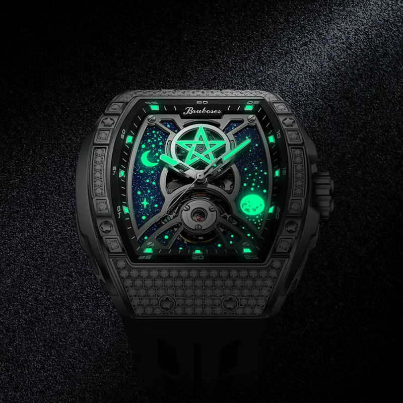 BRUBOSES Automatic Mechanical Movement Silicone Strap Watch Men's Watches Cut Out Dial-4