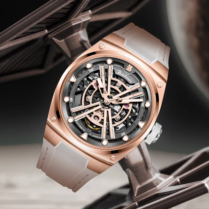 BRUBOSES Starship Collection Mechanical Movement Silicone Strap Watch Men's Watches Cut-Out Dial-3