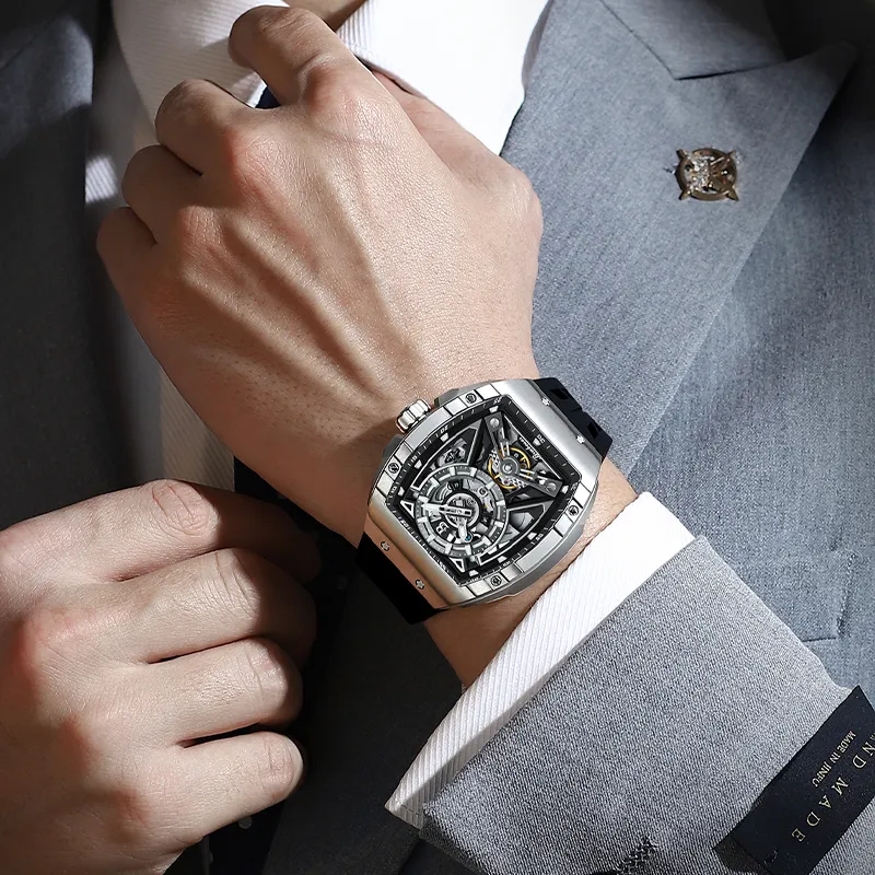 BRUBOSES Automatic Mechanical Movement Silicone Strap Watch Men's Watches Cut-Out Dial BS004-1-2