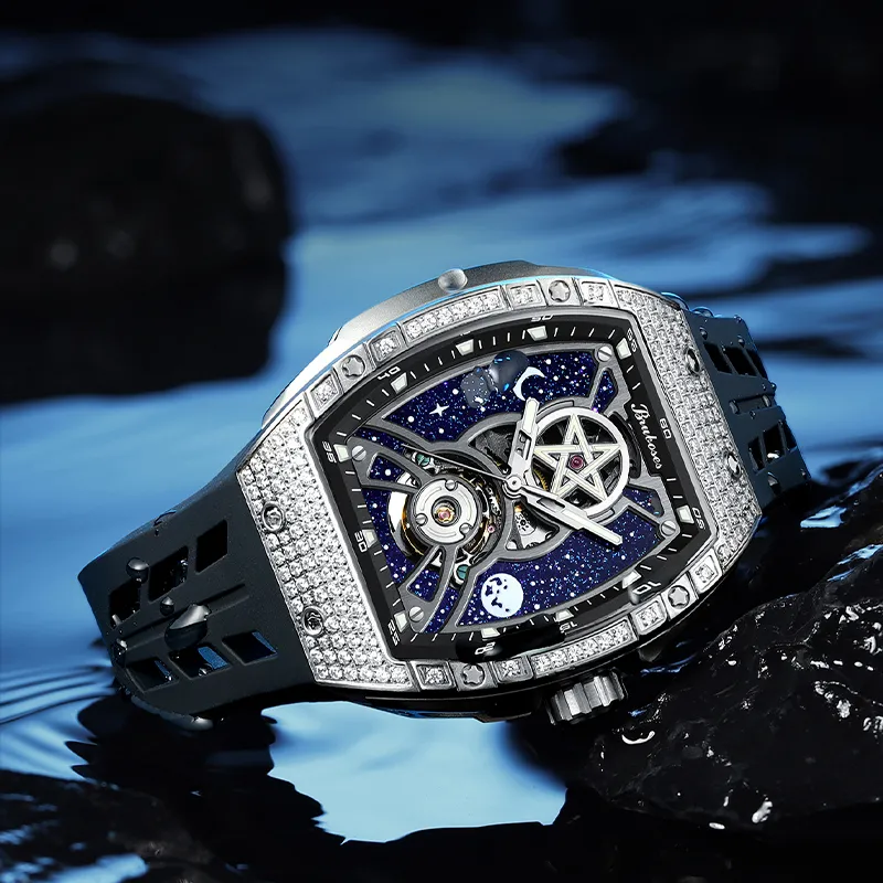 BRUBOSES Automatic Mechanical Movement Silicone Strap Watch Men's Watches Cut Out Dial-5