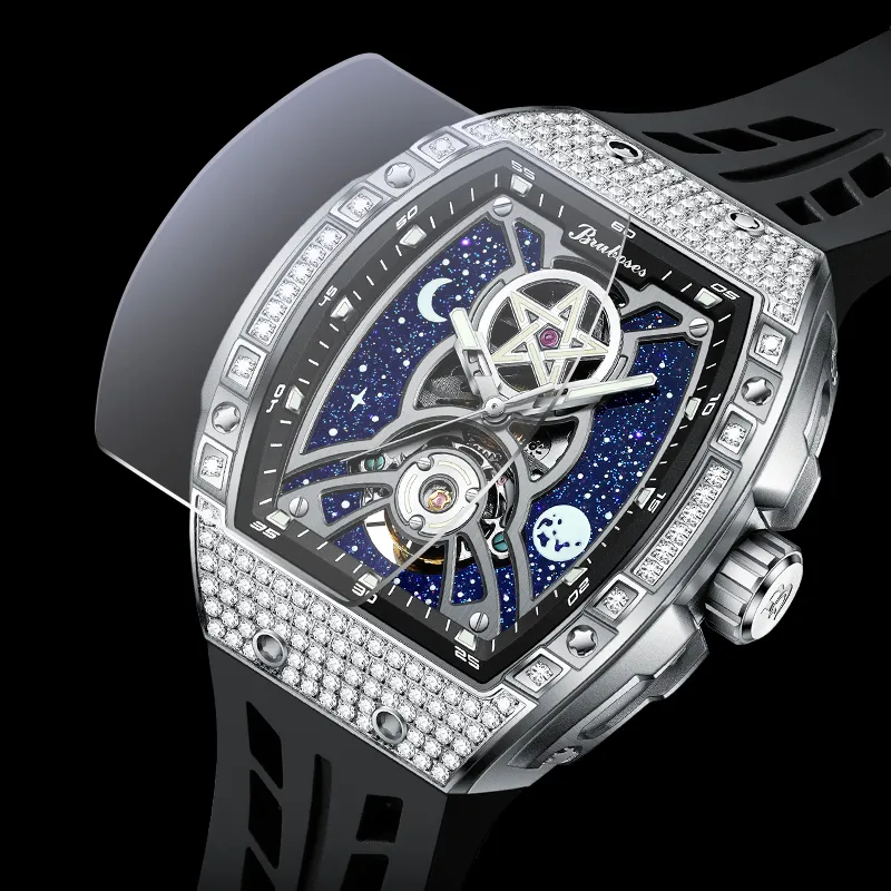 BRUBOSES Automatic Mechanical Movement Silicone Strap Watch Men's Watches Cut Out Dial-3