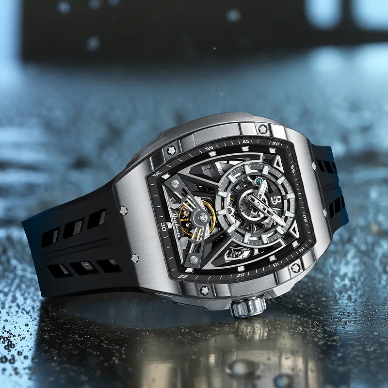 BRUBOSES Automatic Mechanical Movement Silicone Strap Watch Men's Watches Cut-Out Dial BS004-1-5