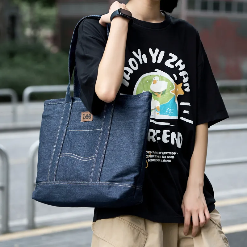 Lee Denim Tote Bag, Shopping Bag, Shoulder Bag, Handbag Regular Women's Khaki/Blue White-3