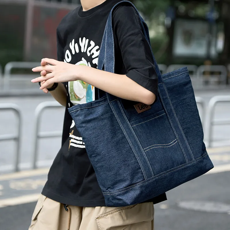 Lee Denim Tote Bag, Shopping Bag, Shoulder Bag, Handbag Regular Women's Khaki/Blue White-4