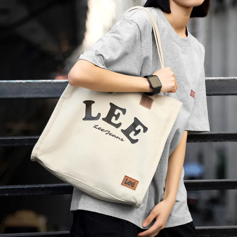 Lee Canvas Tote Bag Shopping Bag Shoulder Bag Portable Canvas Bag Shoulder Bag Unisex Khaki-4