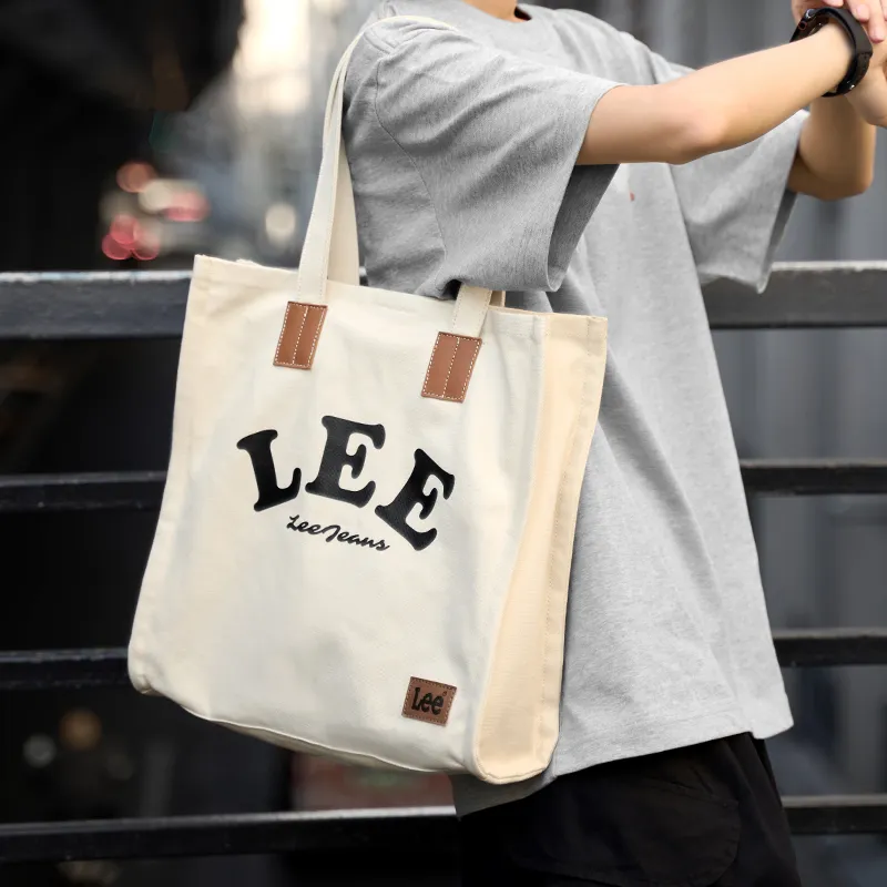 Lee Canvas Tote Bag Shopping Bag Shoulder Bag Portable Canvas Bag Shoulder Bag Unisex Khaki-3