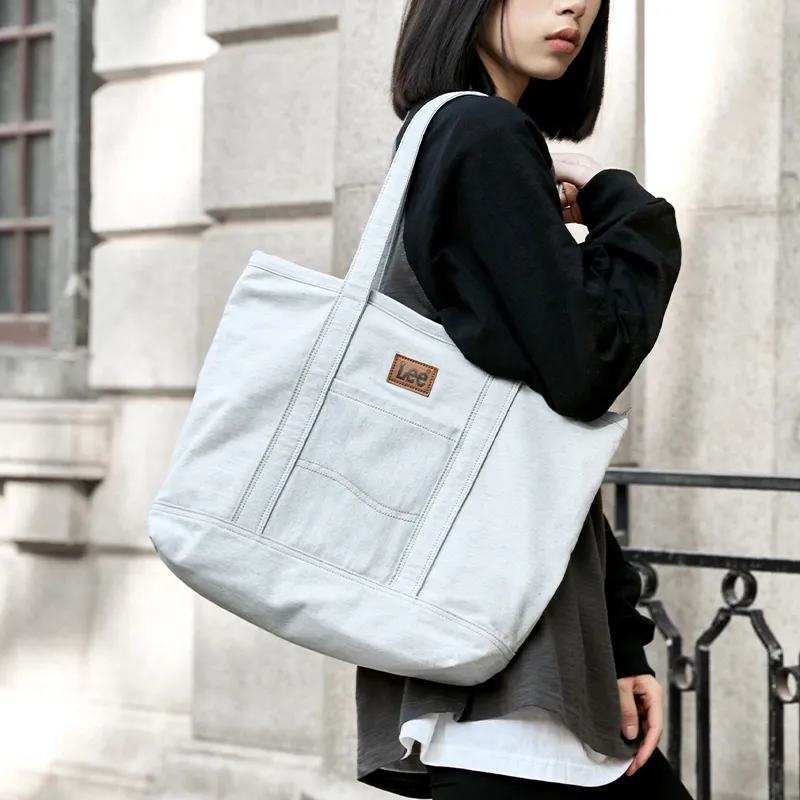 Lee Denim Tote Bag, Shopping Bag, Shoulder Bag, Handbag Regular Women's Khaki/Blue White-15
