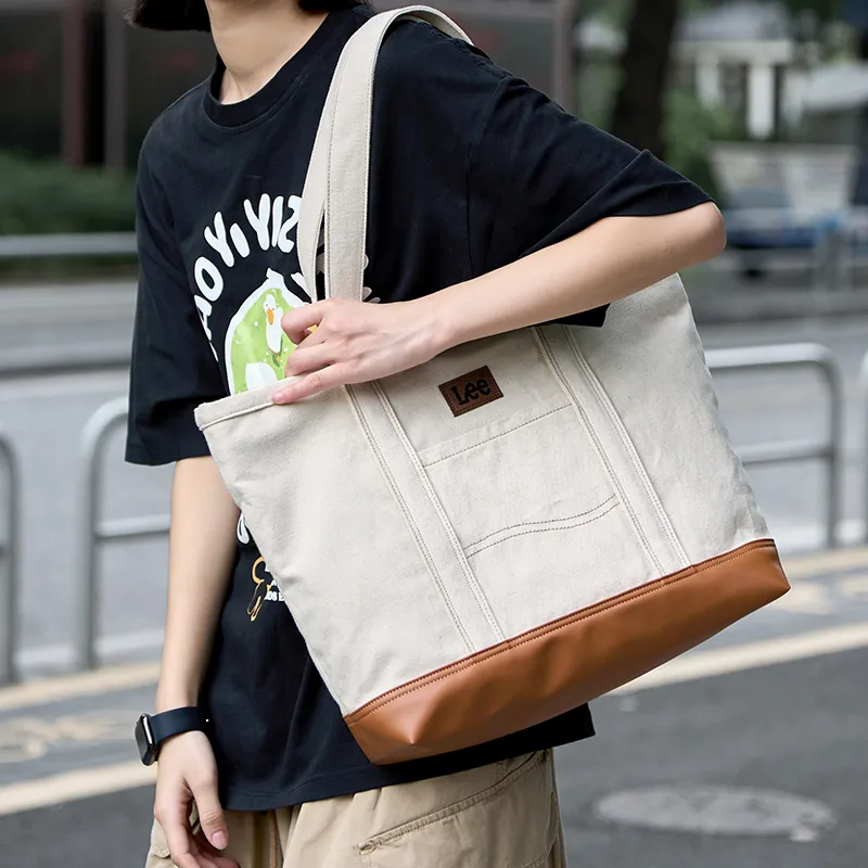 Lee Denim Tote Bag, Shopping Bag, Shoulder Bag, Handbag Regular Women's Khaki/Blue White-10