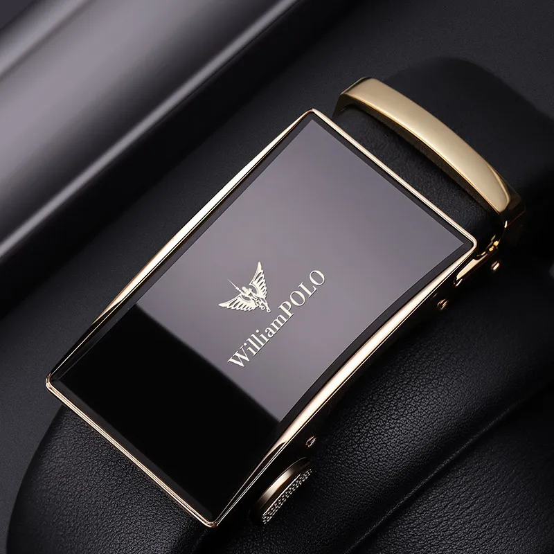 WilliamPOLO Top Grain Cow Leather Leather Belts Men's Gold 3.5cm Width-4