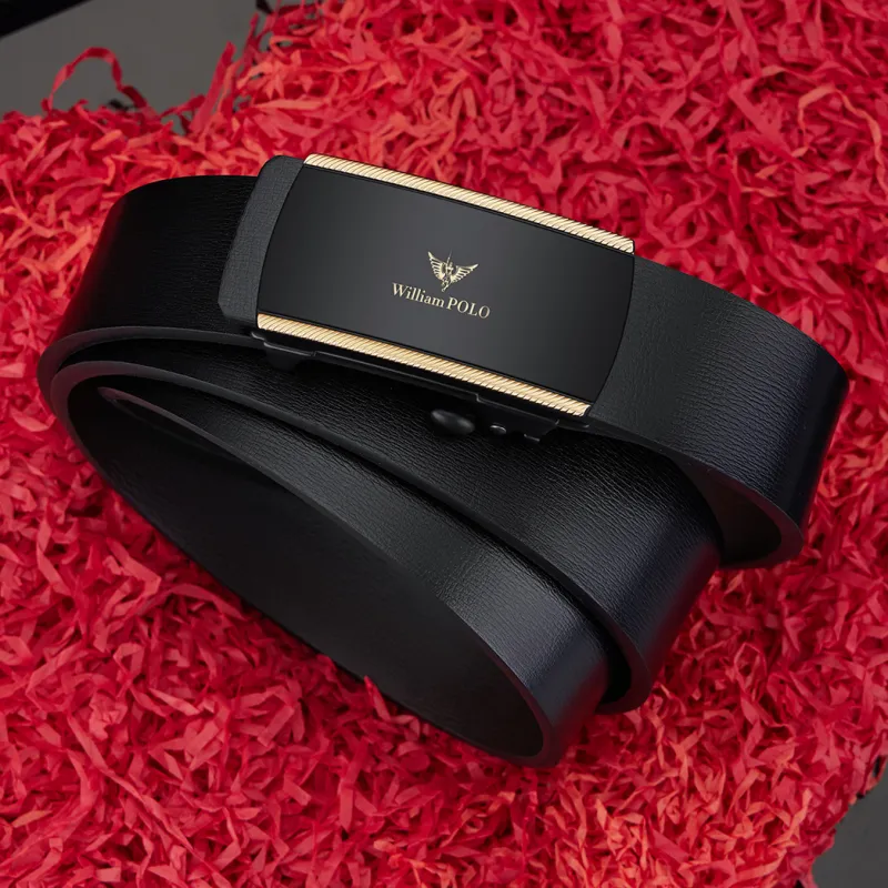 WilliamPOLO Cow Leather Leather Belts Men's Black Buckle Gold Logo 3.4cm Wide-5