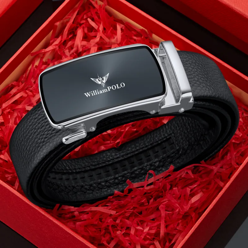 WilliamPOLO Cow Leather Leather Belts Men's Silver Buckle Silver Logo Width  3.5cm-6