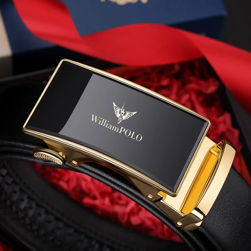 WilliamPOLO Top Grain Cow Leather Leather Belts Men's Gold 3.5cm Width-7