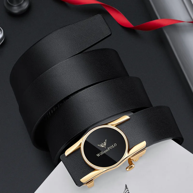 WilliamPOLO Top Grain Cow Leather Leather Belts Men's Gunmetal Gold 3.4cm Wide-4