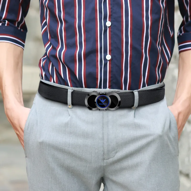 WilliamPOLO Top Grain Cow Leather Leather Belts Men's Gunmetal Buckle Blue Logo 3.5cm Width-7