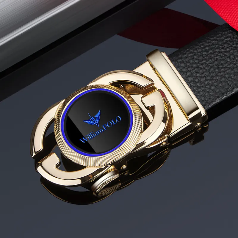 WilliamPOLO Cow Leather Top Grain Cow Leather Leather Belts Men's Gold Tone Lock Blue Logo Width 3.5cm-5