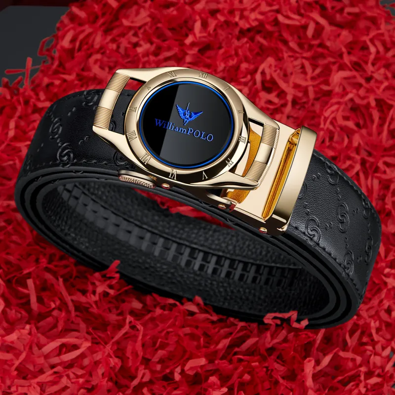 WilliamPOLO Cow Leather Leather Belts Men's Gold Tone Lock Blue Logo Width  3.5cm-6