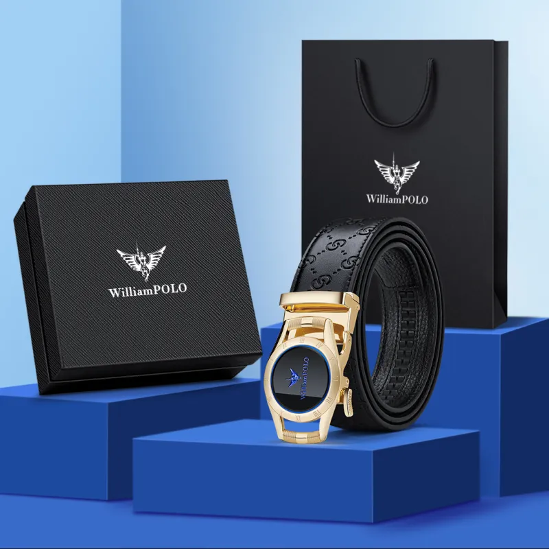 WilliamPOLO Cow Leather Leather Belts Men's Gold Tone Lock Blue Logo Width  3.5cm-3