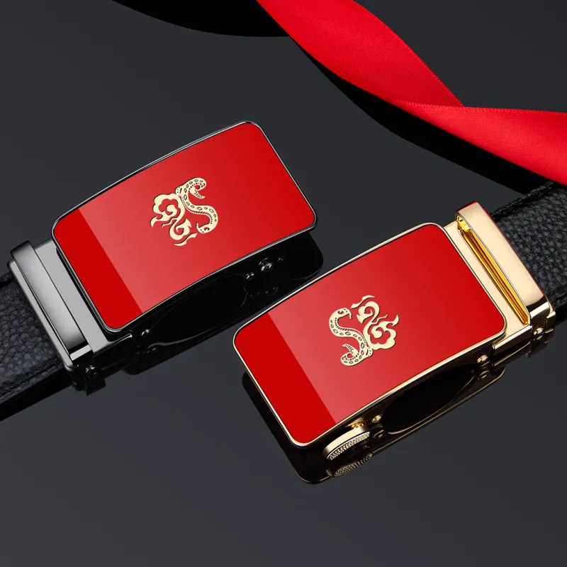 WilliamPOLO Cow Leather Leather Belts Men's Gold Tone Lock/Black Outer And Red Inner With Gunmetal Buckle Width  3.5cm-4
