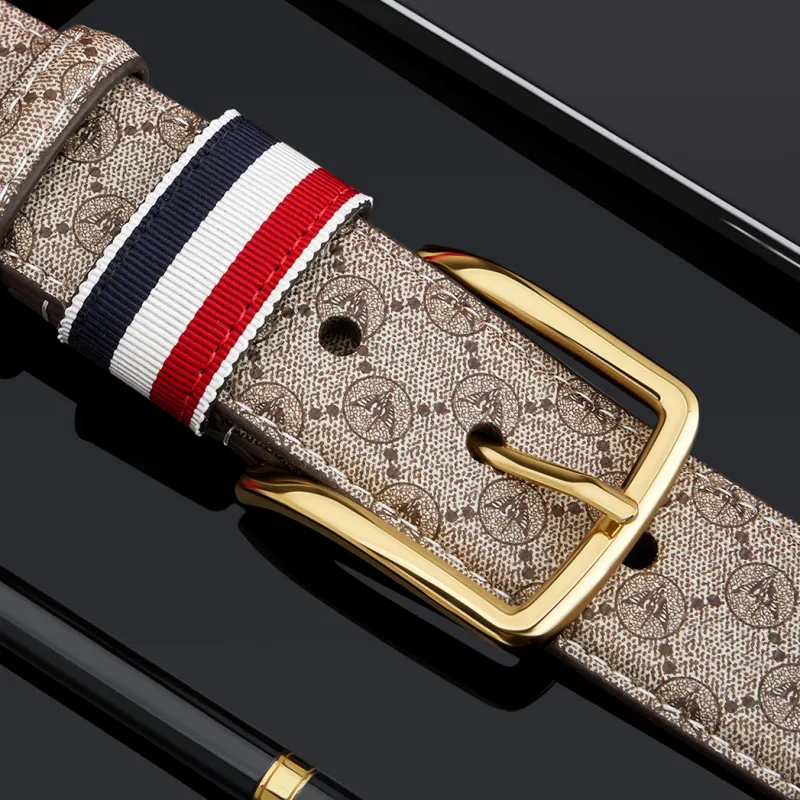 WilliamPOLO Cow Leather Leather Belts Men's Gold Buckle Khaki Strap 3.5cm Width-5