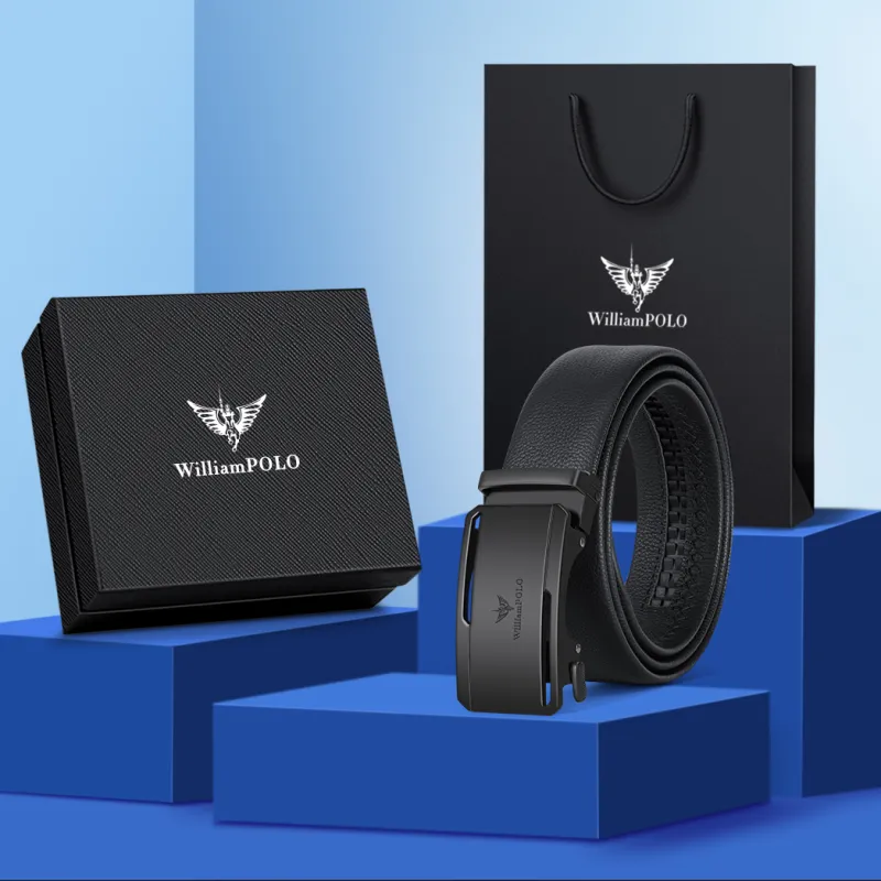 WilliamPOLO Cow Leather Leather Belts Men's Black Logo Black Buckle Width 3.5CM-5