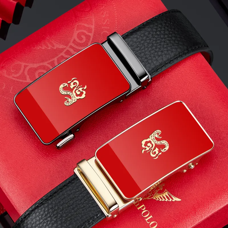 WilliamPOLO Cow Leather Leather Belts Men's Gold Tone Lock/Black Outer And Red Inner With Gunmetal Buckle Width  3.5cm-6
