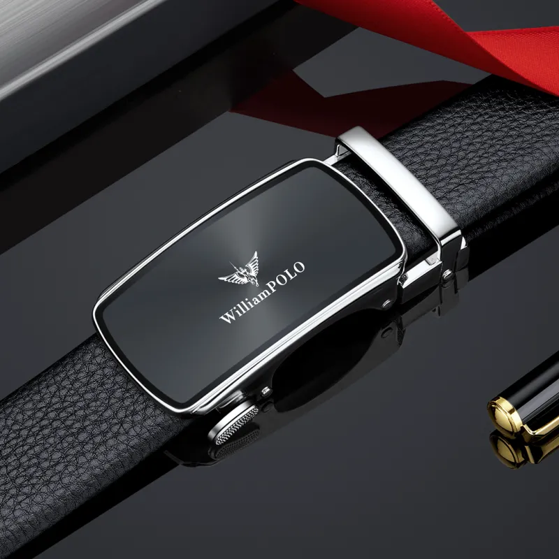 WilliamPOLO Cow Leather Leather Belts Men's Silver Buckle Silver Logo Width  3.5cm-4