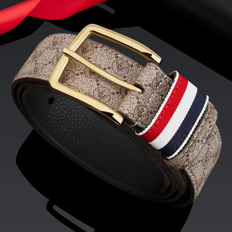 WilliamPOLO Cow Leather Leather Belts Men's Gold Buckle Khaki Strap 3.5cm Width-6