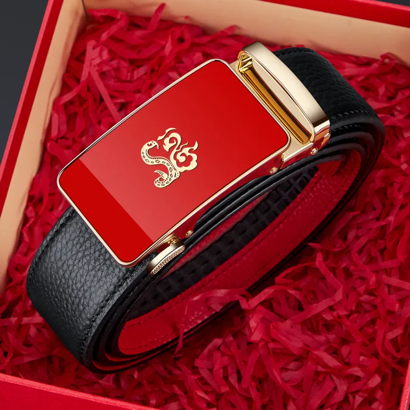 WilliamPOLO Cow Leather Leather Belts Men's Gold Tone Lock/Black Outer And Red Inner With Gunmetal Buckle Width  3.5cm-3