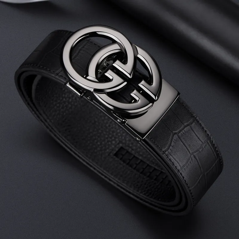 WilliamPOLO Top Grain Cow Leather Belts Men's Gunmetal Automatic Buckle Width 3.5cm-7