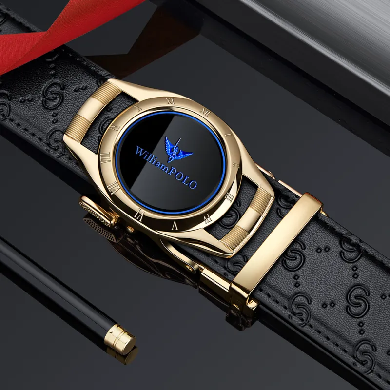 WilliamPOLO Cow Leather Leather Belts Men's Gold Tone Lock Blue Logo Width  3.5cm-7