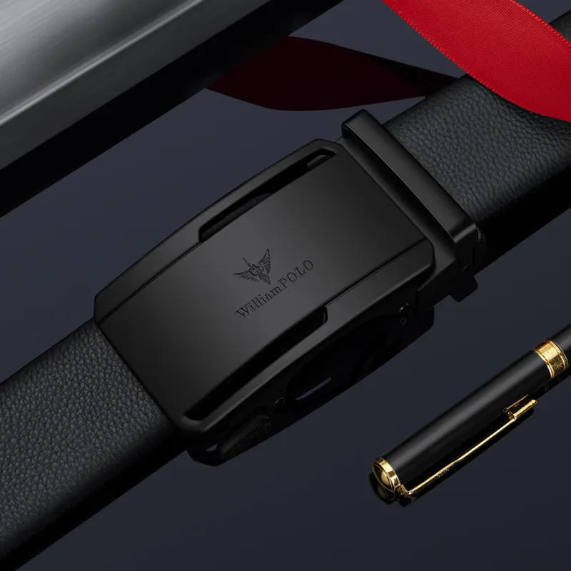 WilliamPOLO Cow Leather Leather Belts Men's Black Logo Black Buckle Width 3.5CM-2