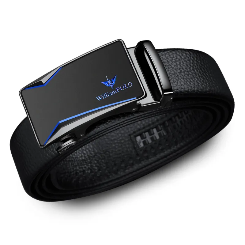 WilliamPOLO Split Cow Leather Leather Belts Men's Gunmetal Buckle Blue Logo/Gold Tone Lock Blue Logo 3.5cm Width-2