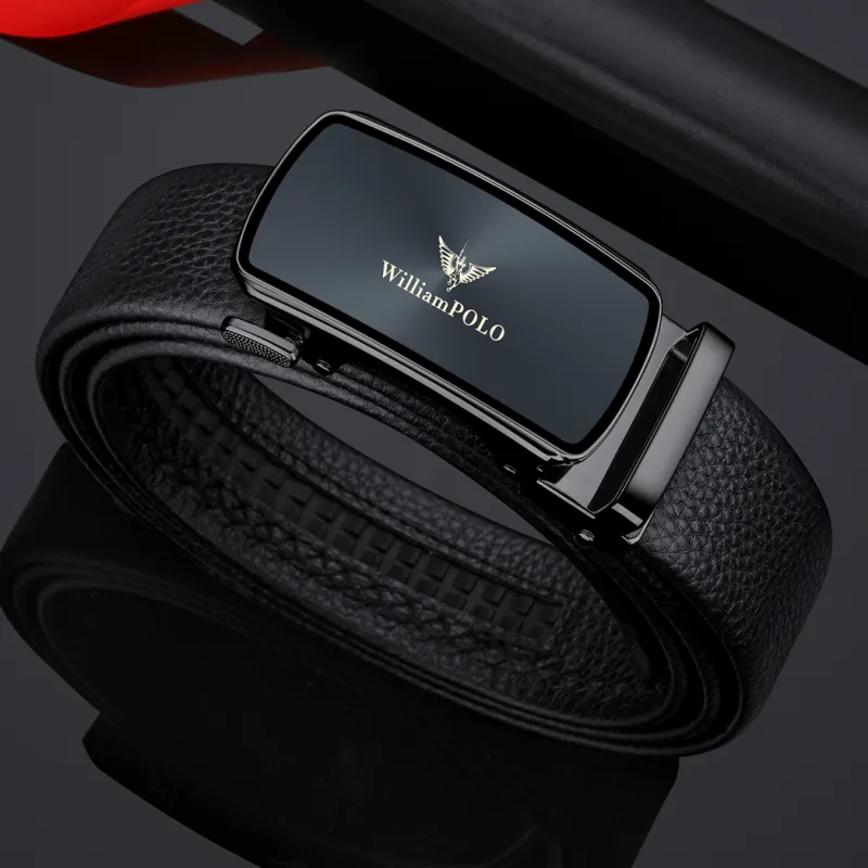 WilliamPOLO Cow Leather Leather Belts Men's Gunmetal Buckle Gold Logo Width  3.5cm-3