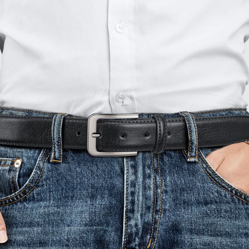 WilliamPOLO Cow Leather Leather Belts Men's Gunmetal Buckle Black Strap 3.4cm Wide-1