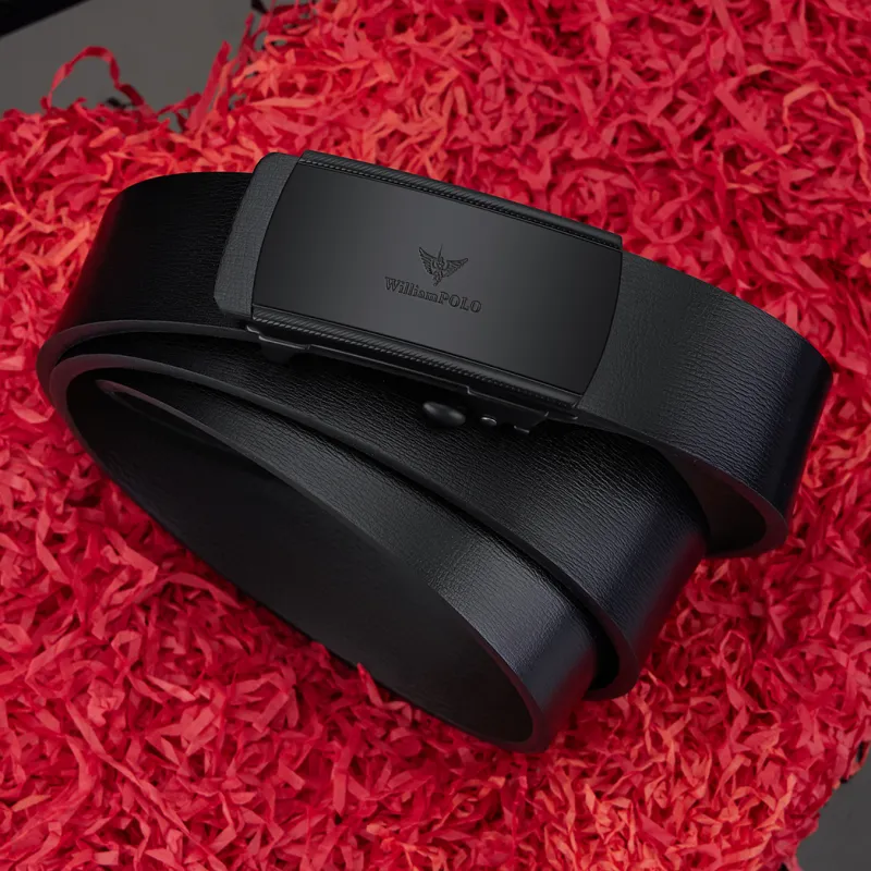 WilliamPOLO Cow Split Leather Cow Leather Leather Belts Men's Black Buckle With Black Logo 3.4cm Wide-6