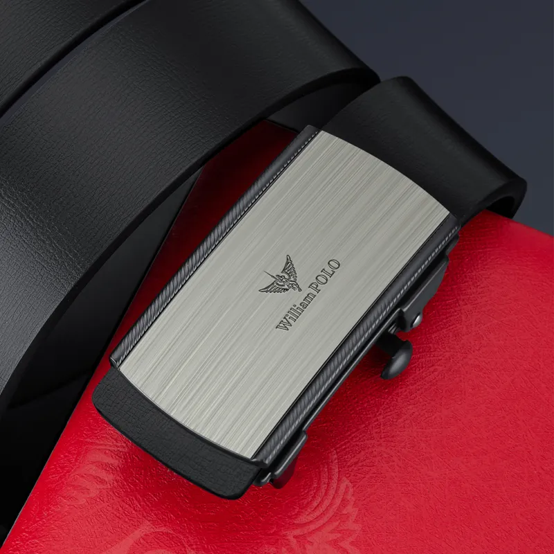 WilliamPOLO Cow Leather Leather Belts Men's Silver Buckle With Black Logo 3.4cm Wide-5